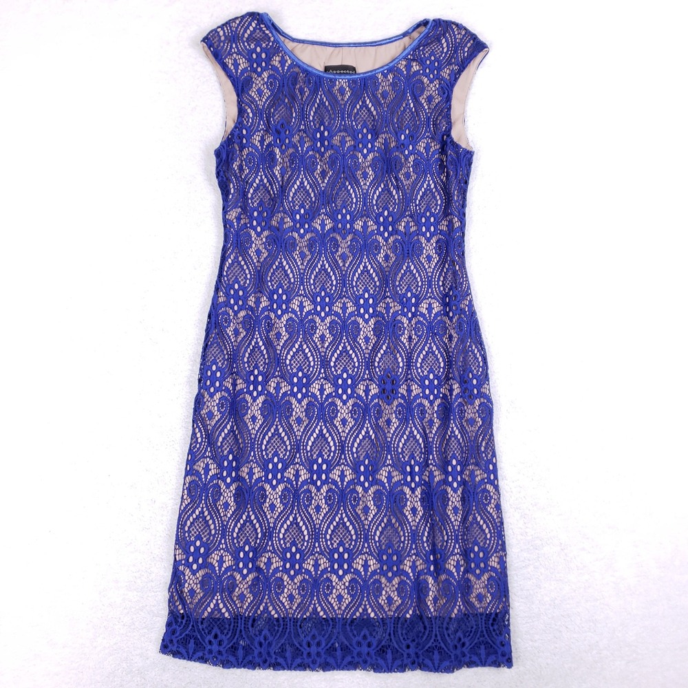 Connected Apparel Royal Blue Crochet Lace Sheath Dress Size‎ 10 Tan Lining Scoop